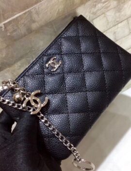 Chanel CO-CO Classic Mini Pouch Wallet 14cm/5.5in Silver Toned Hardware For Women Black