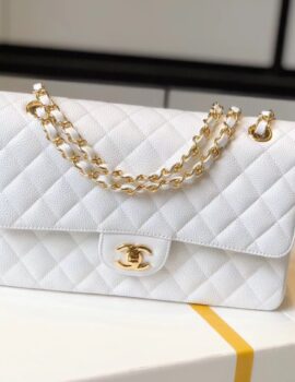 Chanel Classic Medium Flapbag Golden Hardware White 10in/25.5cm
